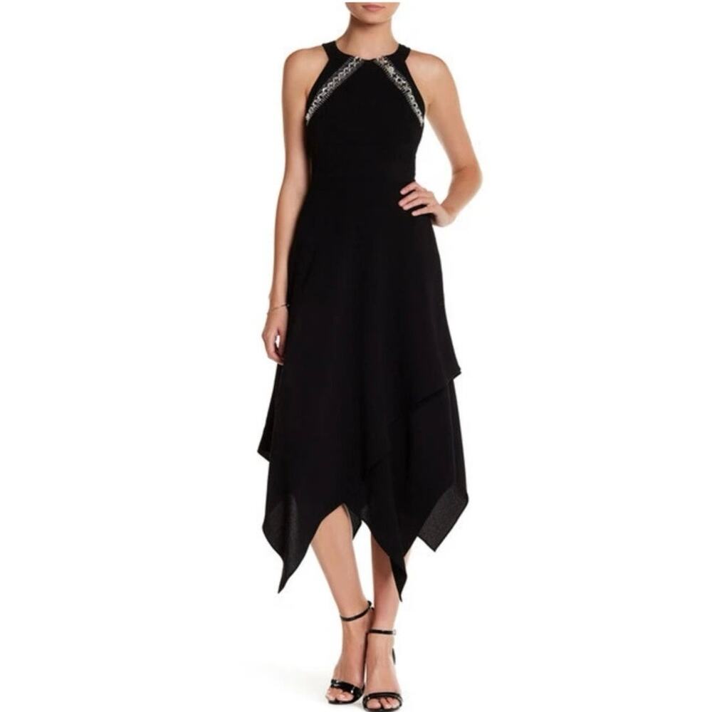 Shoshanna Keira Jet Black Jeweled Halter Asymmetrical Maxi Dress Size 8